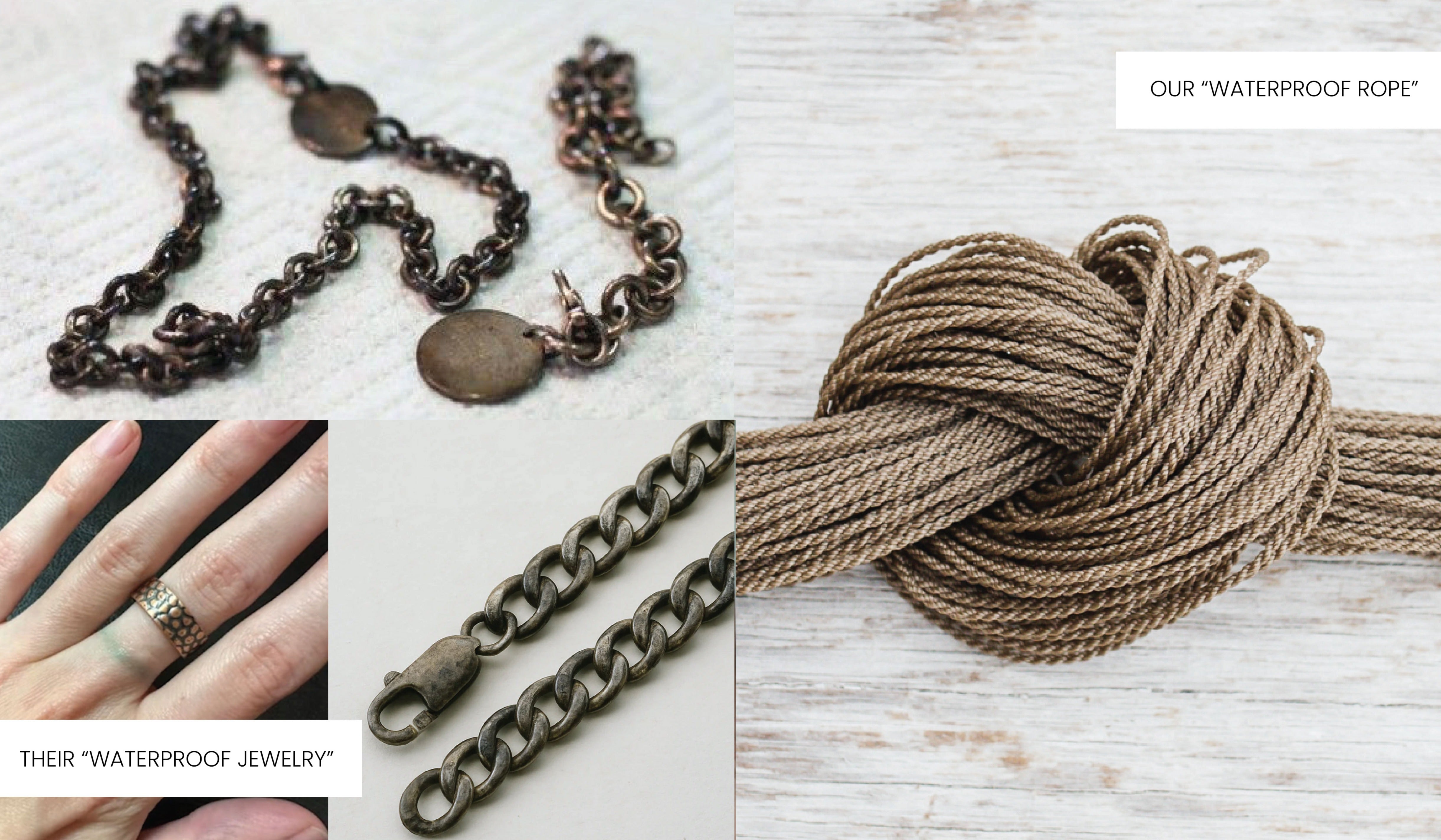 Waterproof rope jewelry compared to coated metal jewelry