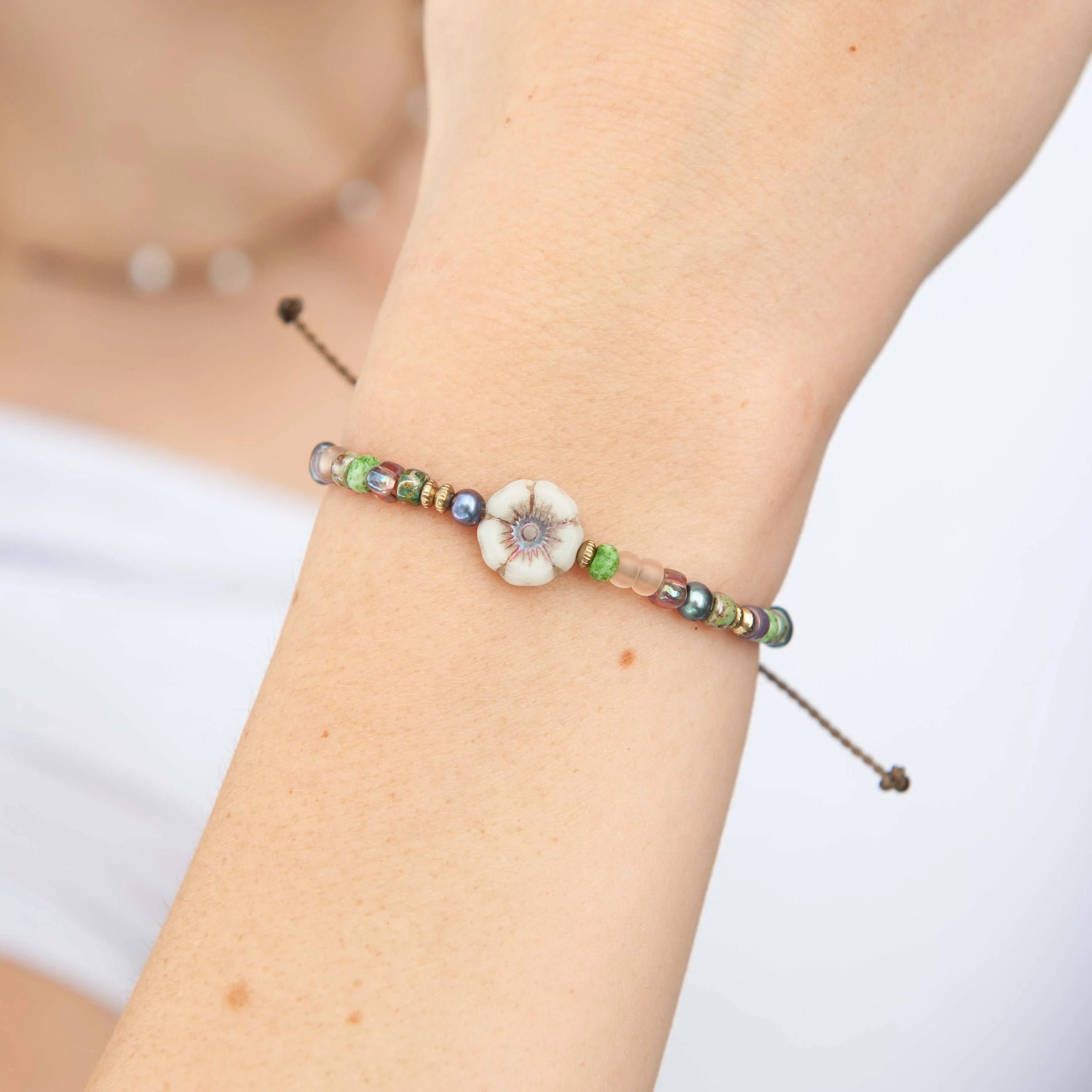 Czech Glass Hibiscus Flower Bracelet | Waterproof Rope Bracelet