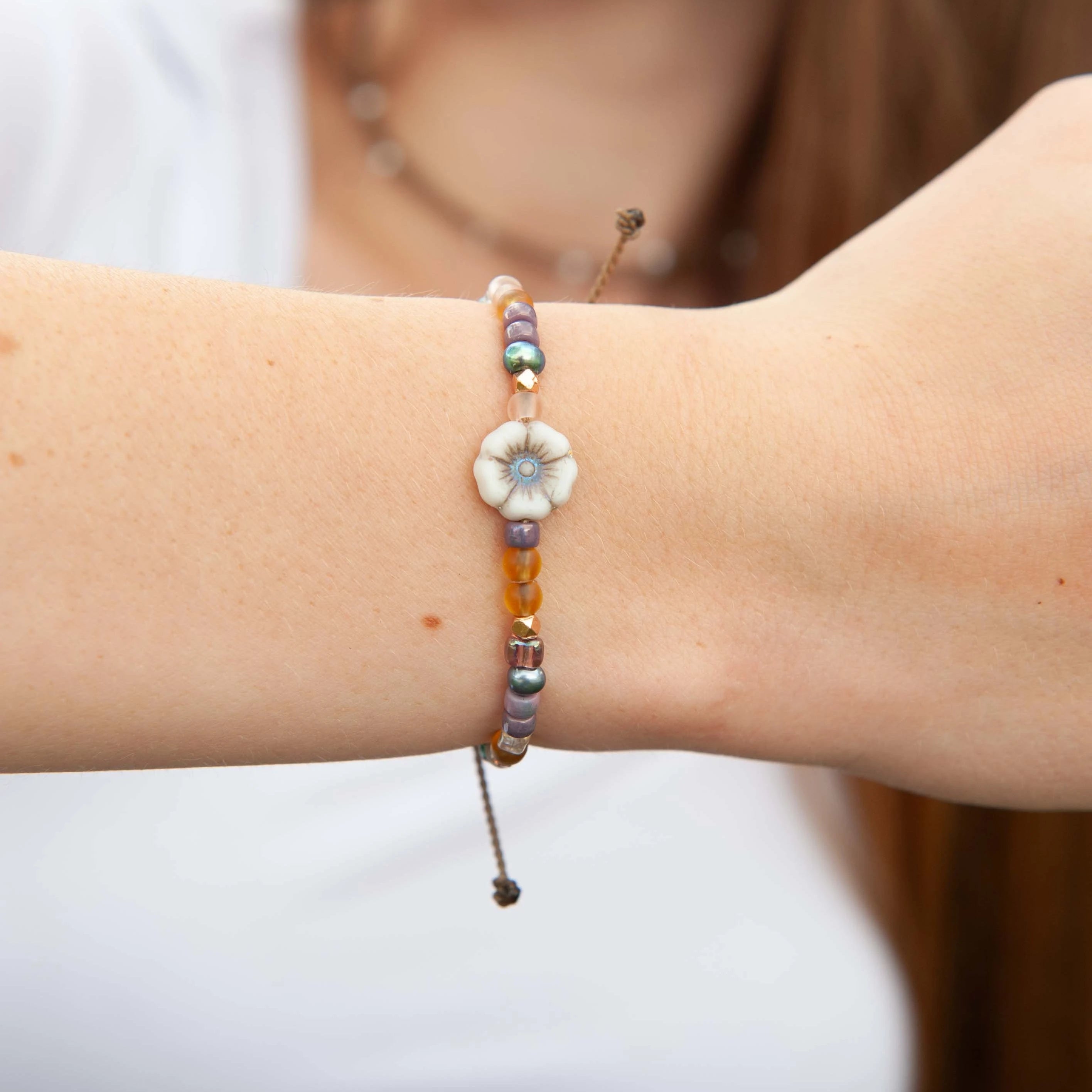 Czech Glass Hibiscus Flower Bracelet | Waterproof Rope Bracelet