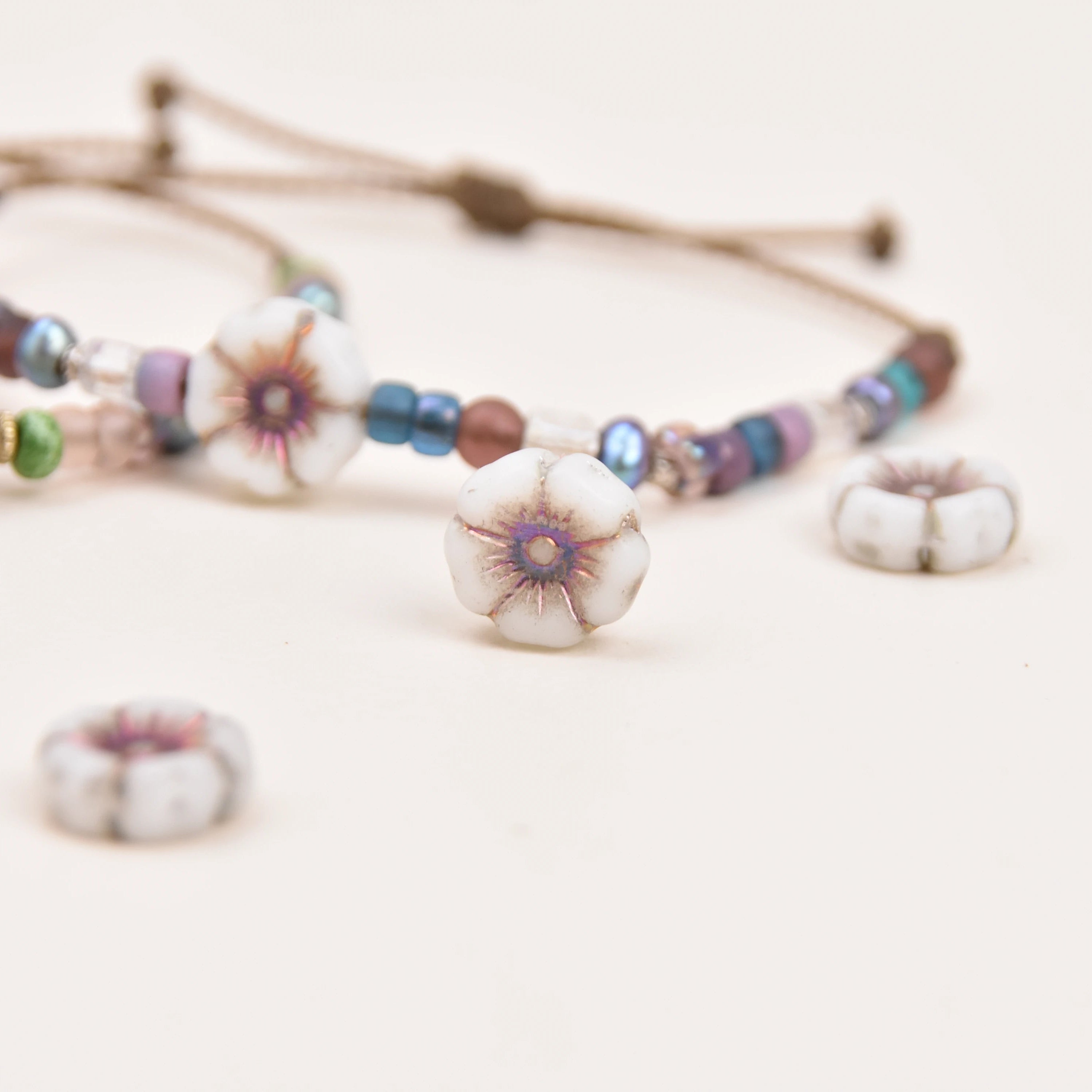 Czech Glass Hibiscus Flower Bracelet | Waterproof Rope Bracelet