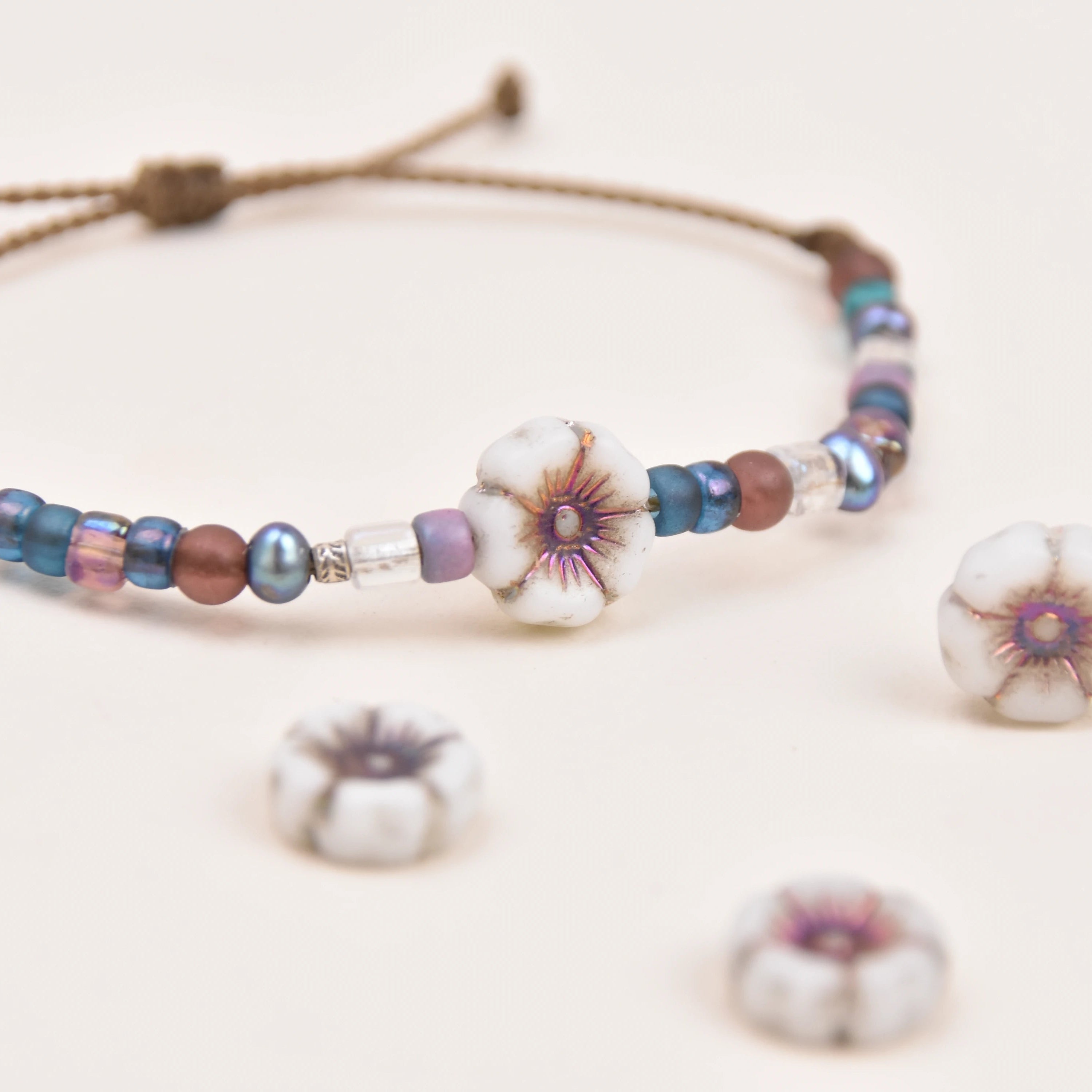 Czech Glass Hibiscus Flower Bracelet | Waterproof Rope Bracelet