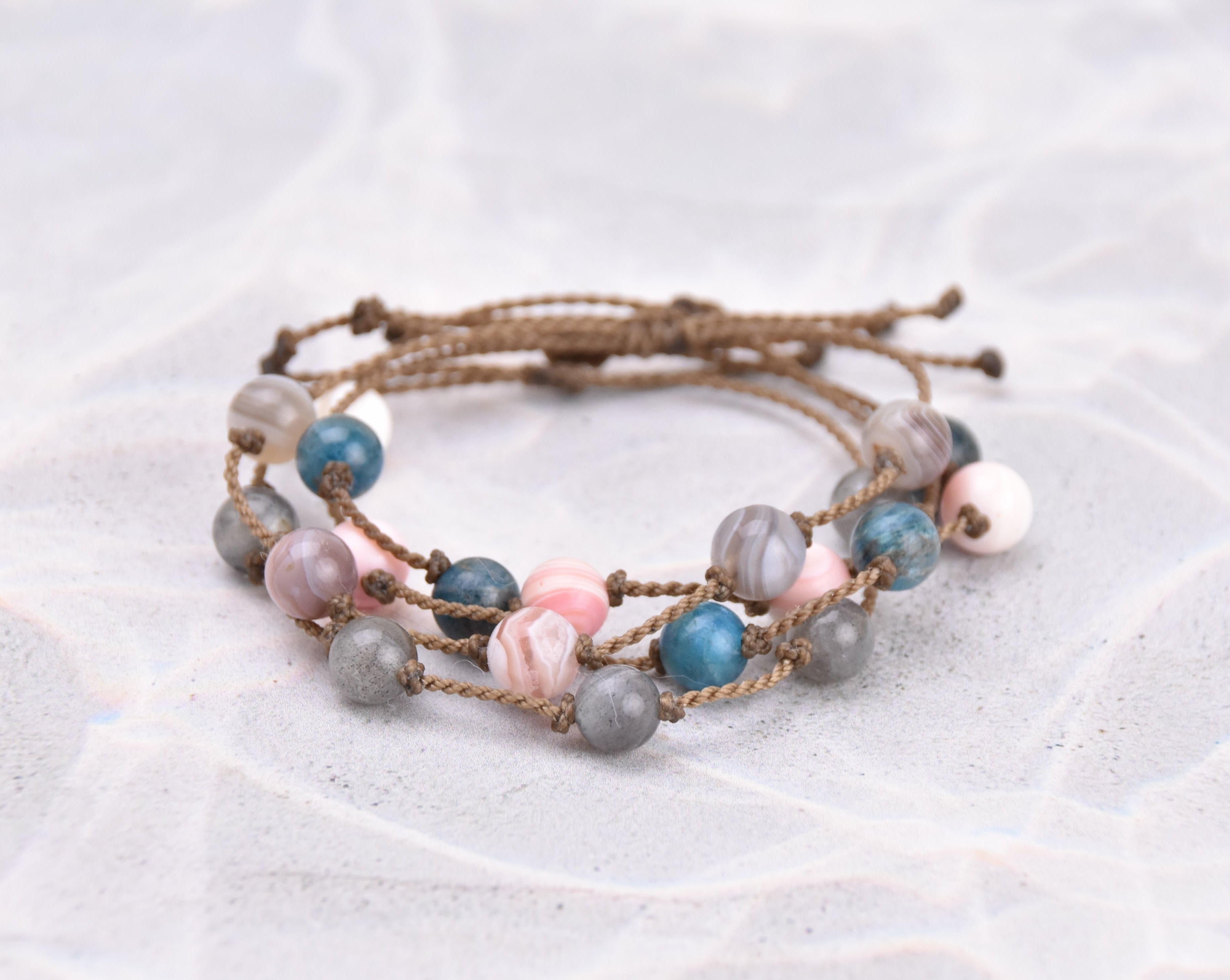 Botswana Agate, Labradorite, Apatite + Conch Shell Bracelets