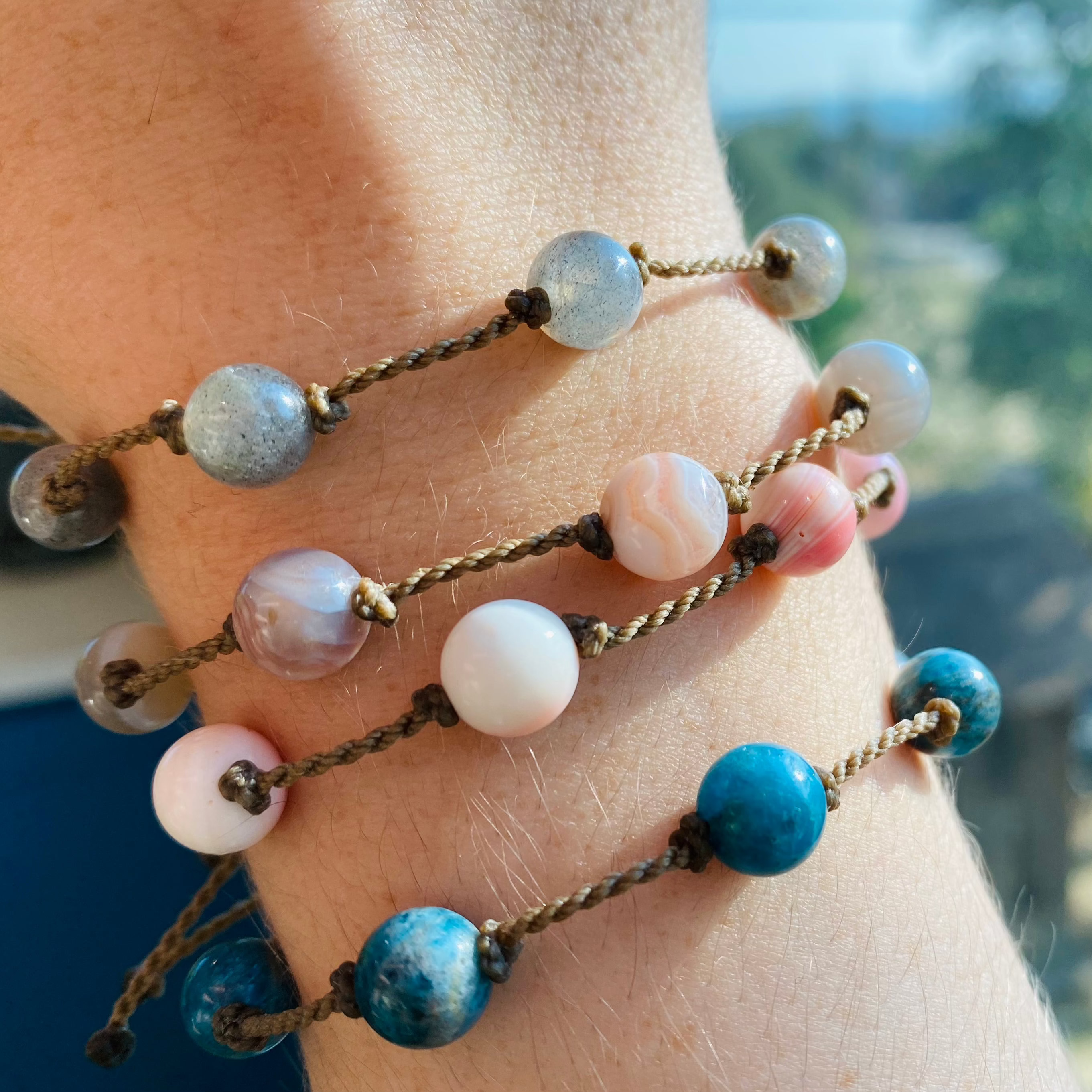 Botswana Agate, Labradorite, Apatite + Conch Shell Bracelets
