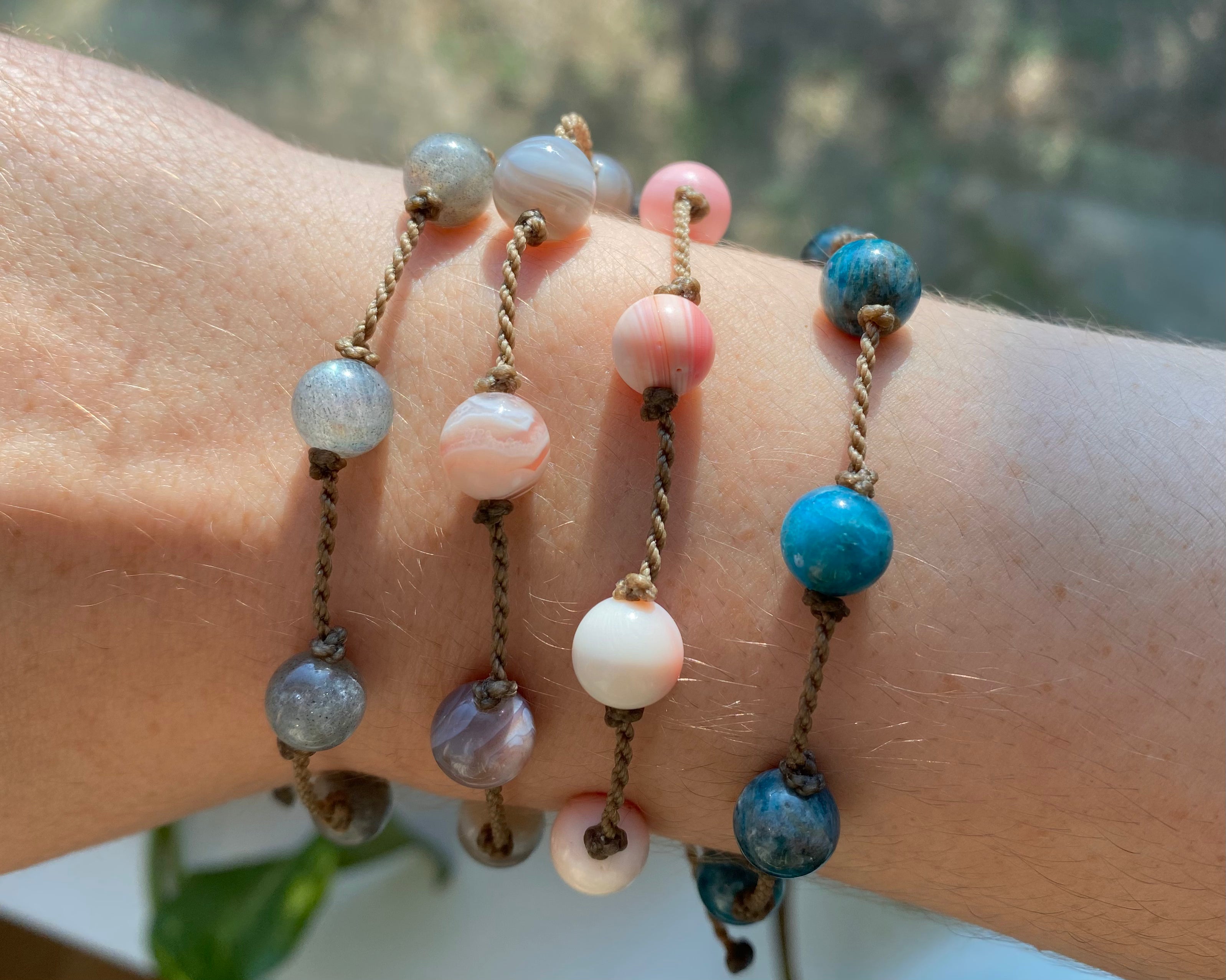 Botswana Agate, Labradorite, Apatite + Conch Shell Bracelets