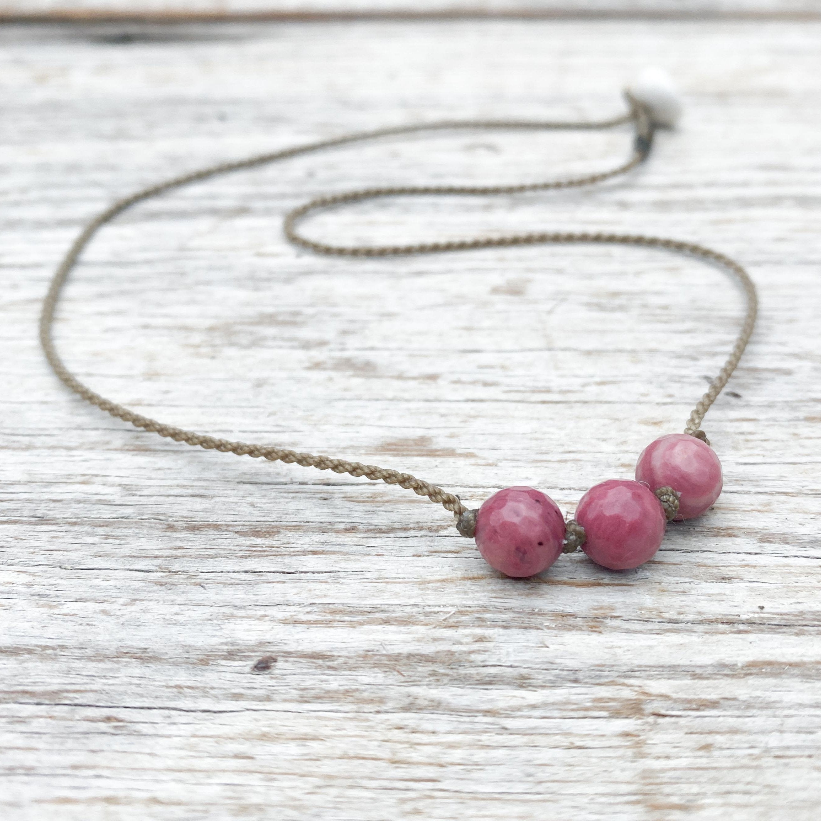 Triple Knotted Necklace-0470-Rose Rhodonite Faceted Round Medium