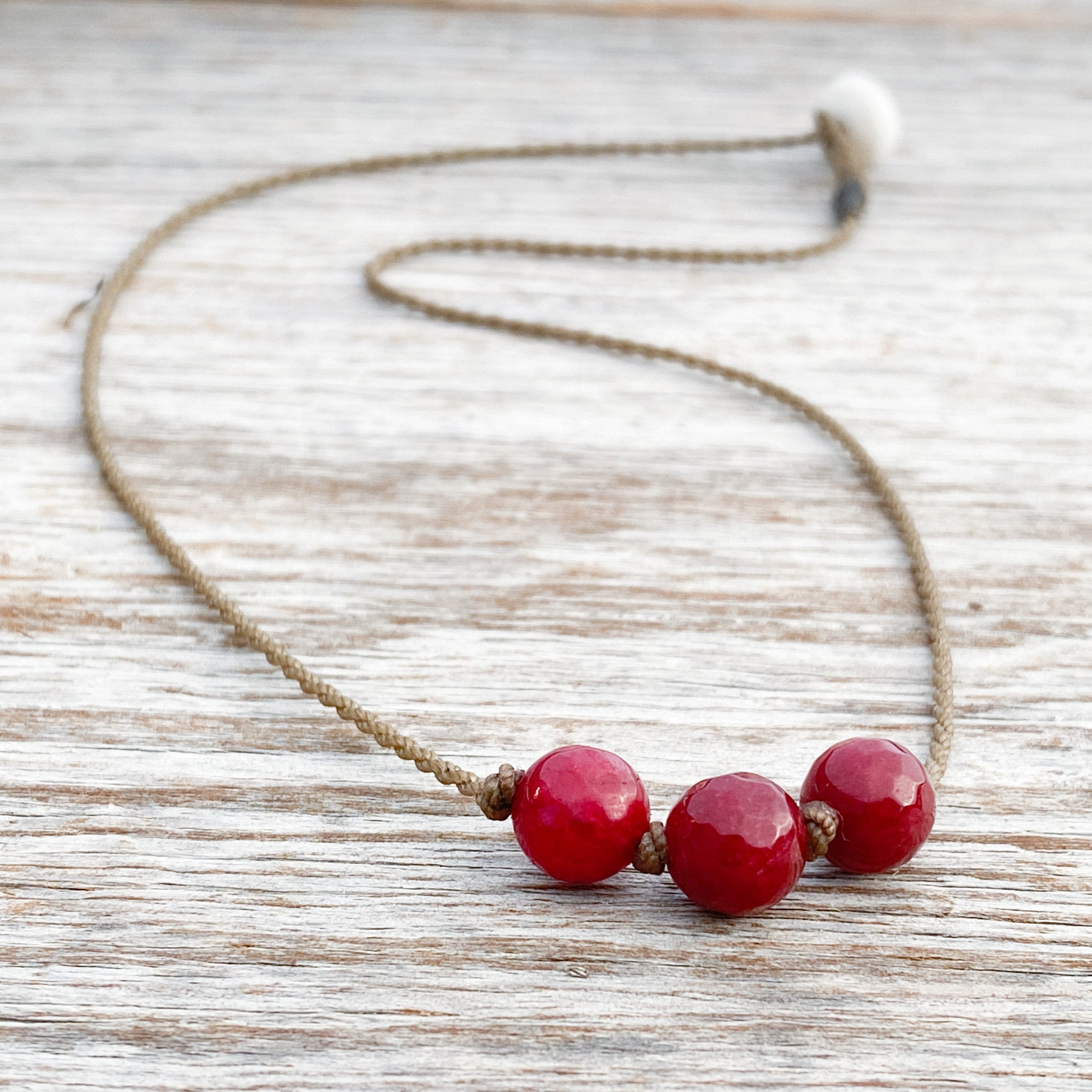 Triple Knotted Necklace-0536-Ruby Jade Round Medium