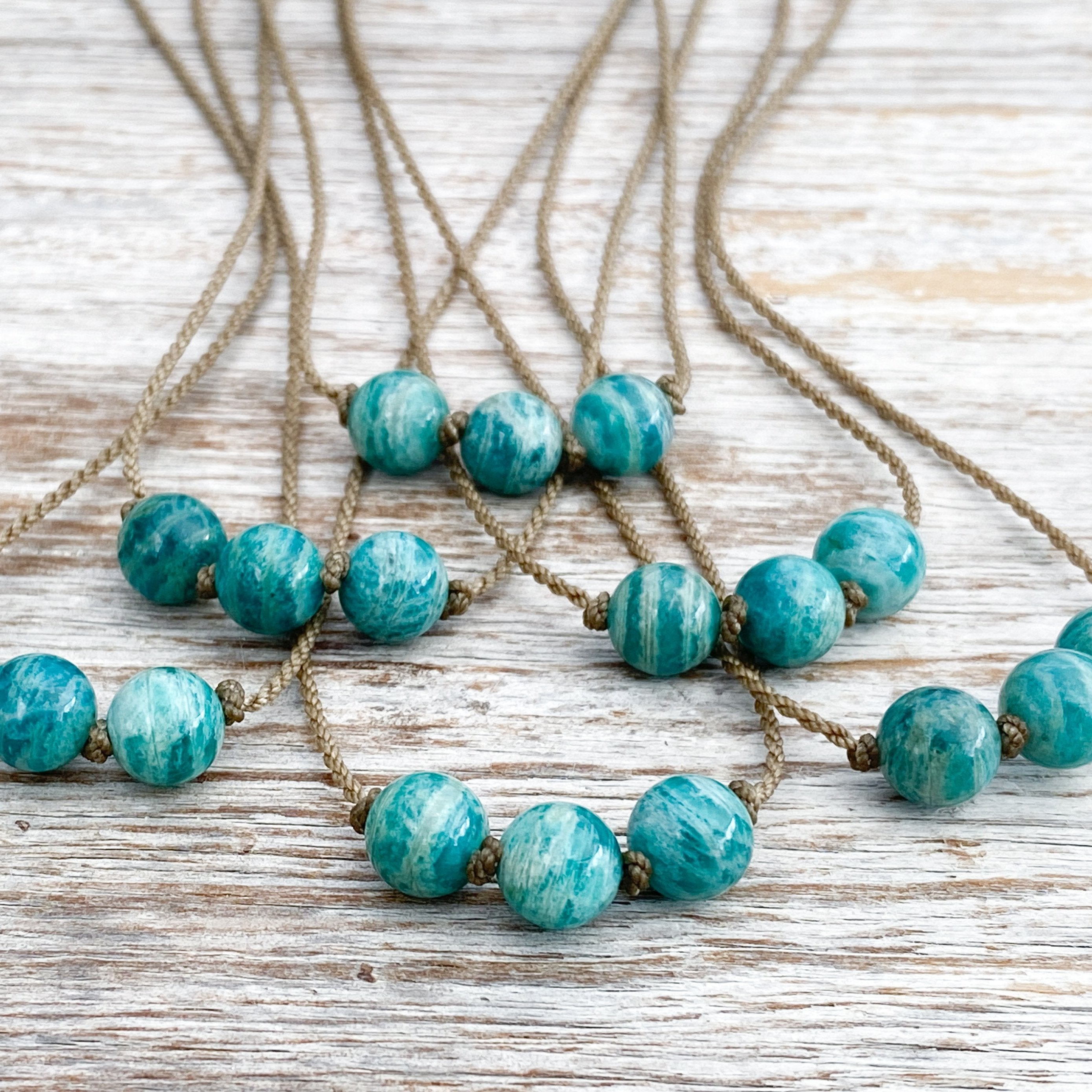 Triple Knotted Necklace-1067-Amazonite Banded Round Medium