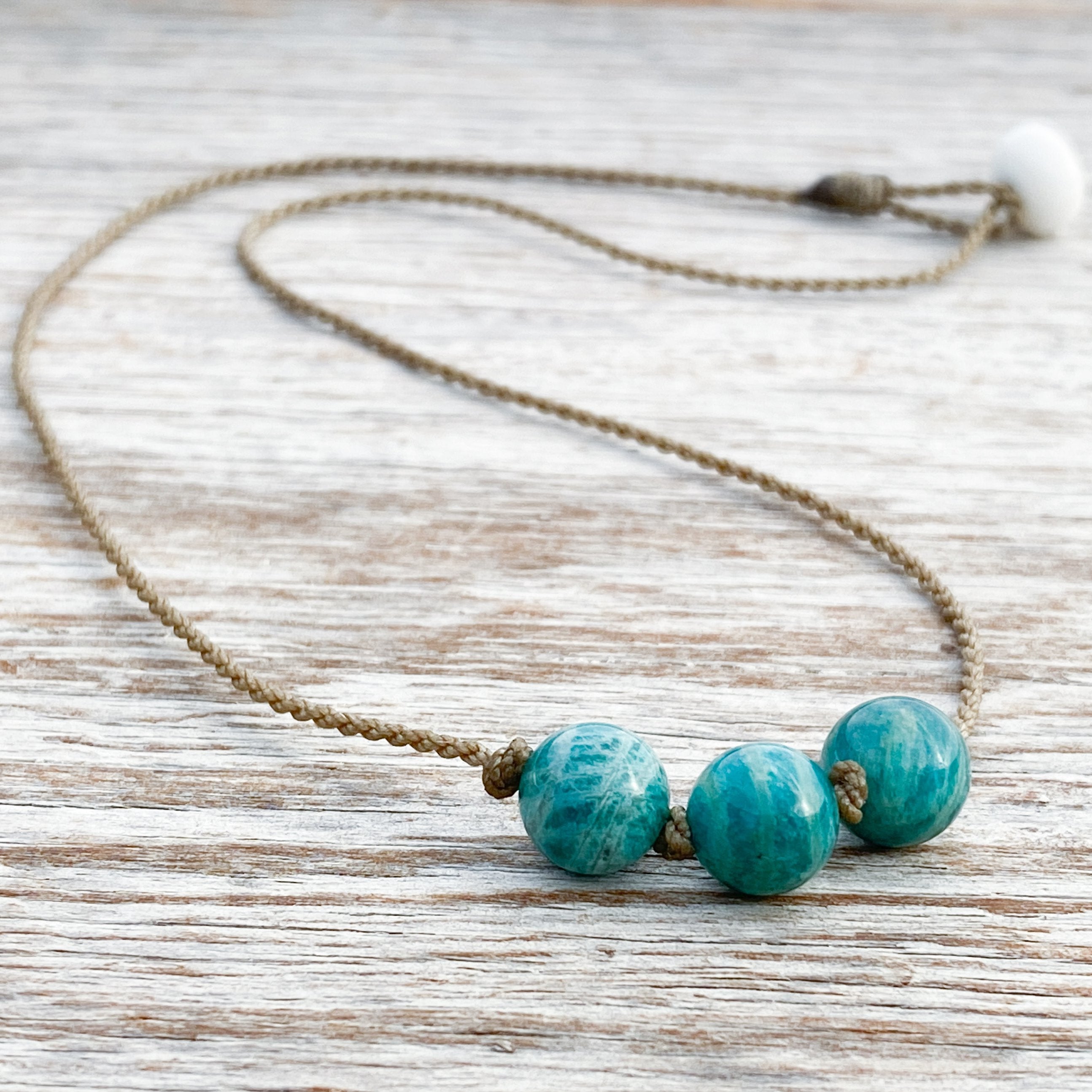 Triple Knotted Necklace-1067-Amazonite Banded Round Medium