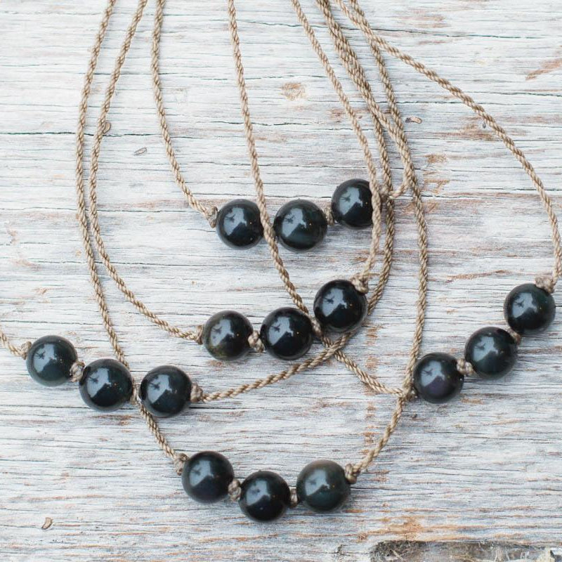 Triple Knotted Necklace-1762-Obsidian Round Medium