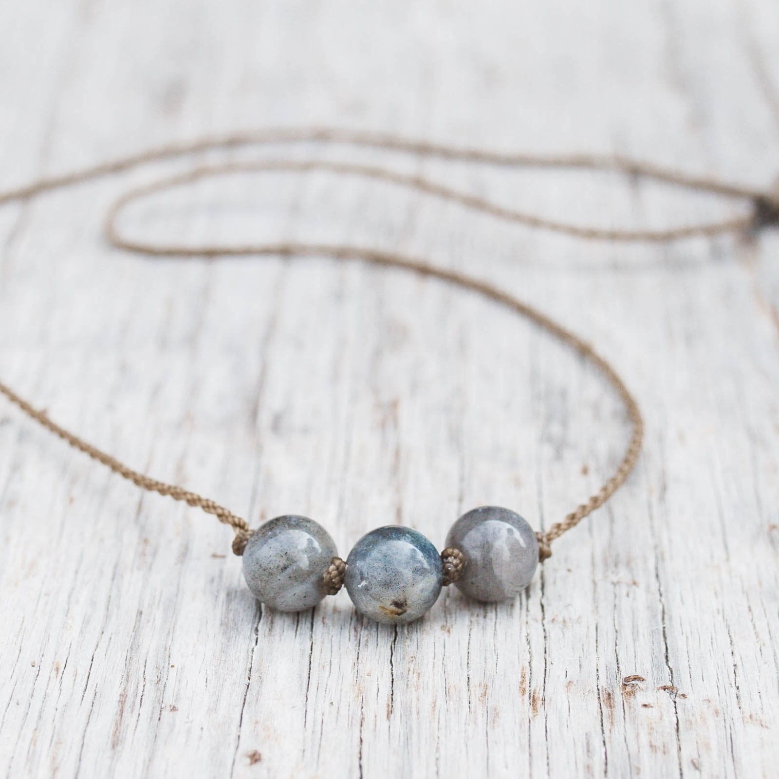 Triple Knotted Necklace-1777-Labradorite Round Medium