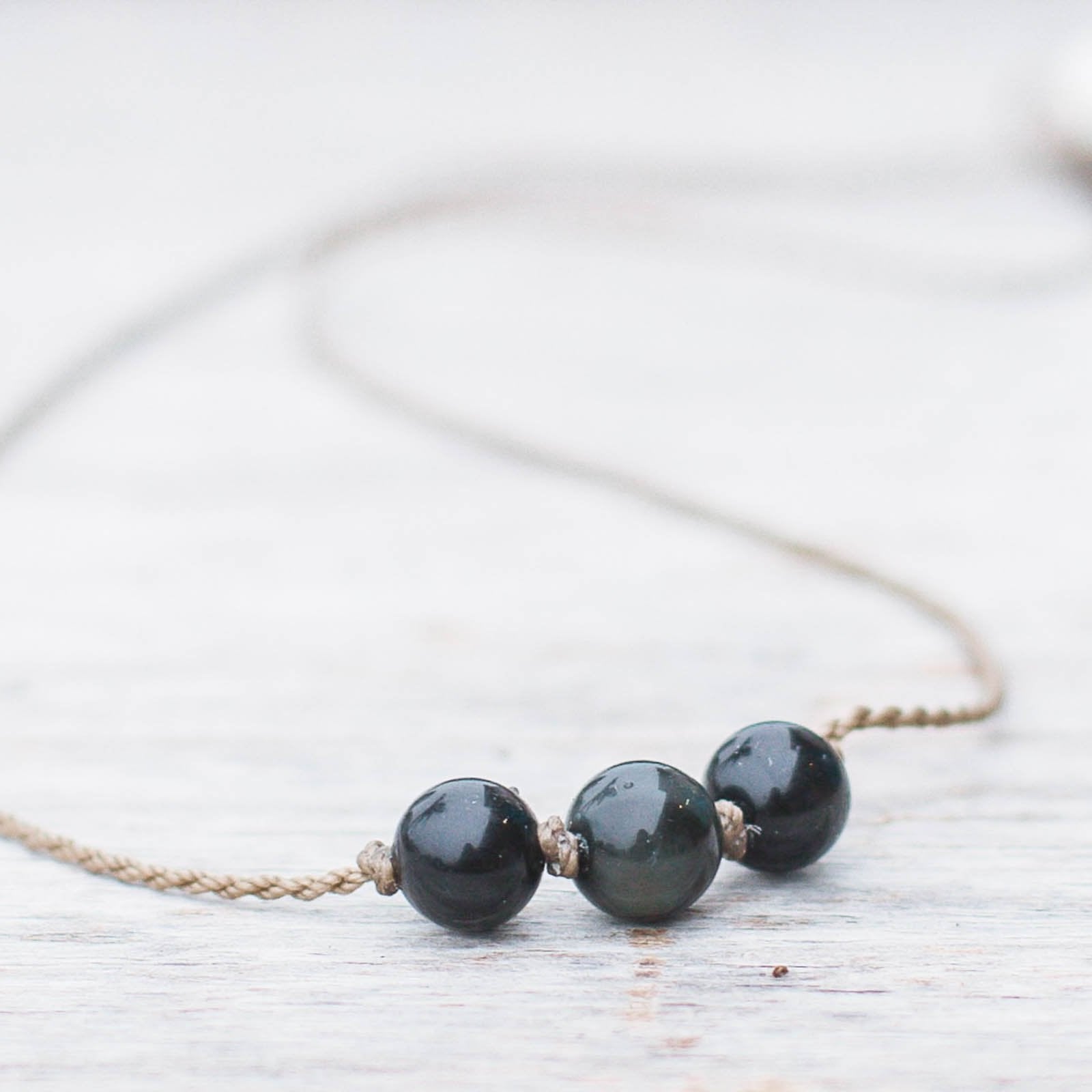 Triple Knotted Necklace-1762-Obsidian Round Medium