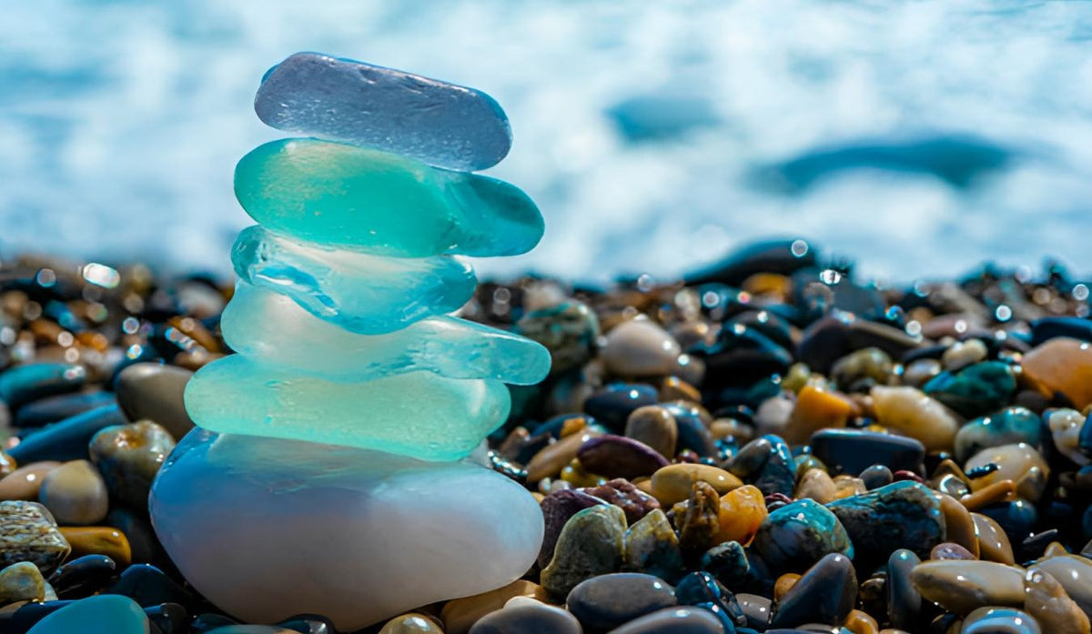 Frosted sea glass on a beach, the material that inspired Tula Blue's Sea Glass collection