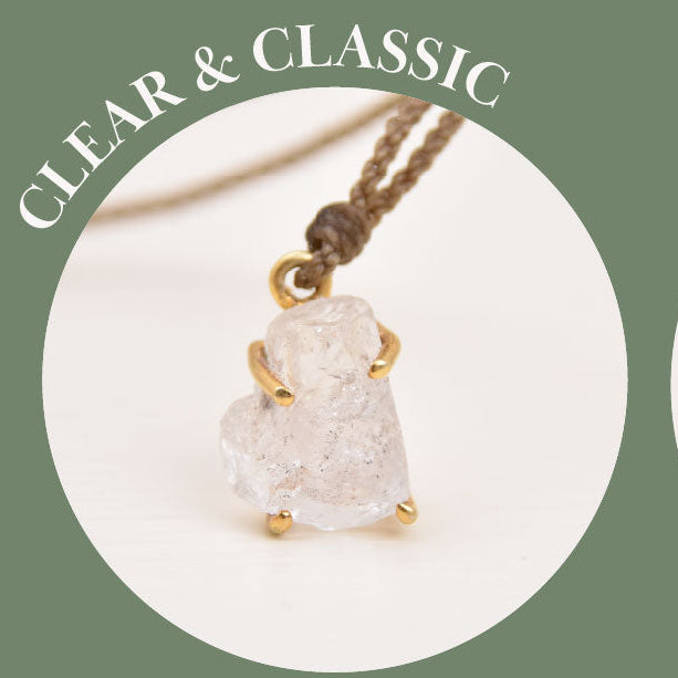 Close-up of a clear Herkimer Diamond necklace featuring a bezel-set, double-terminated crystal on Tula Blue’s waterproof rope, showing the stone’s natural clarity and sparkle.