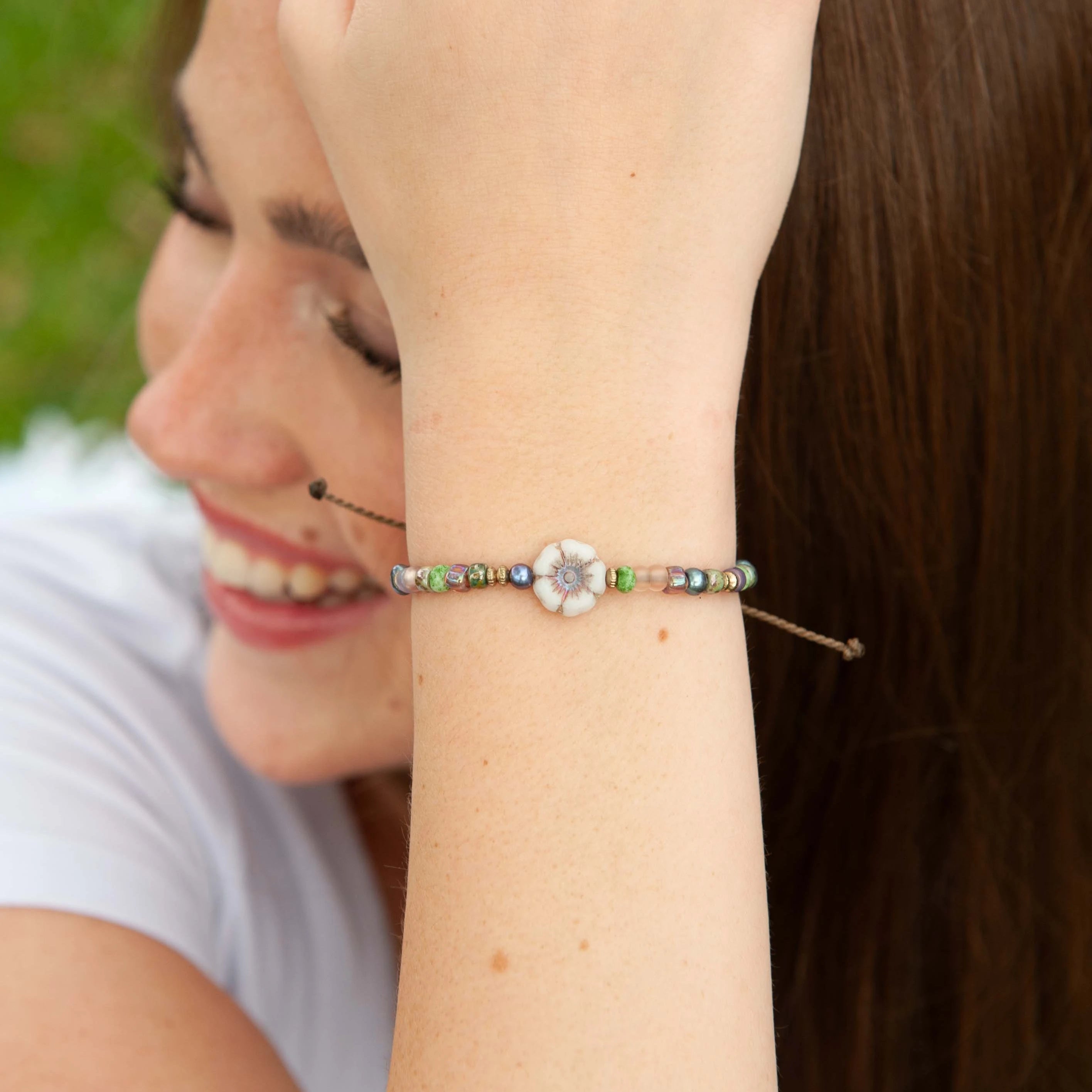 Czech Glass Hibiscus Flower Bracelet | Waterproof Rope Bracelet