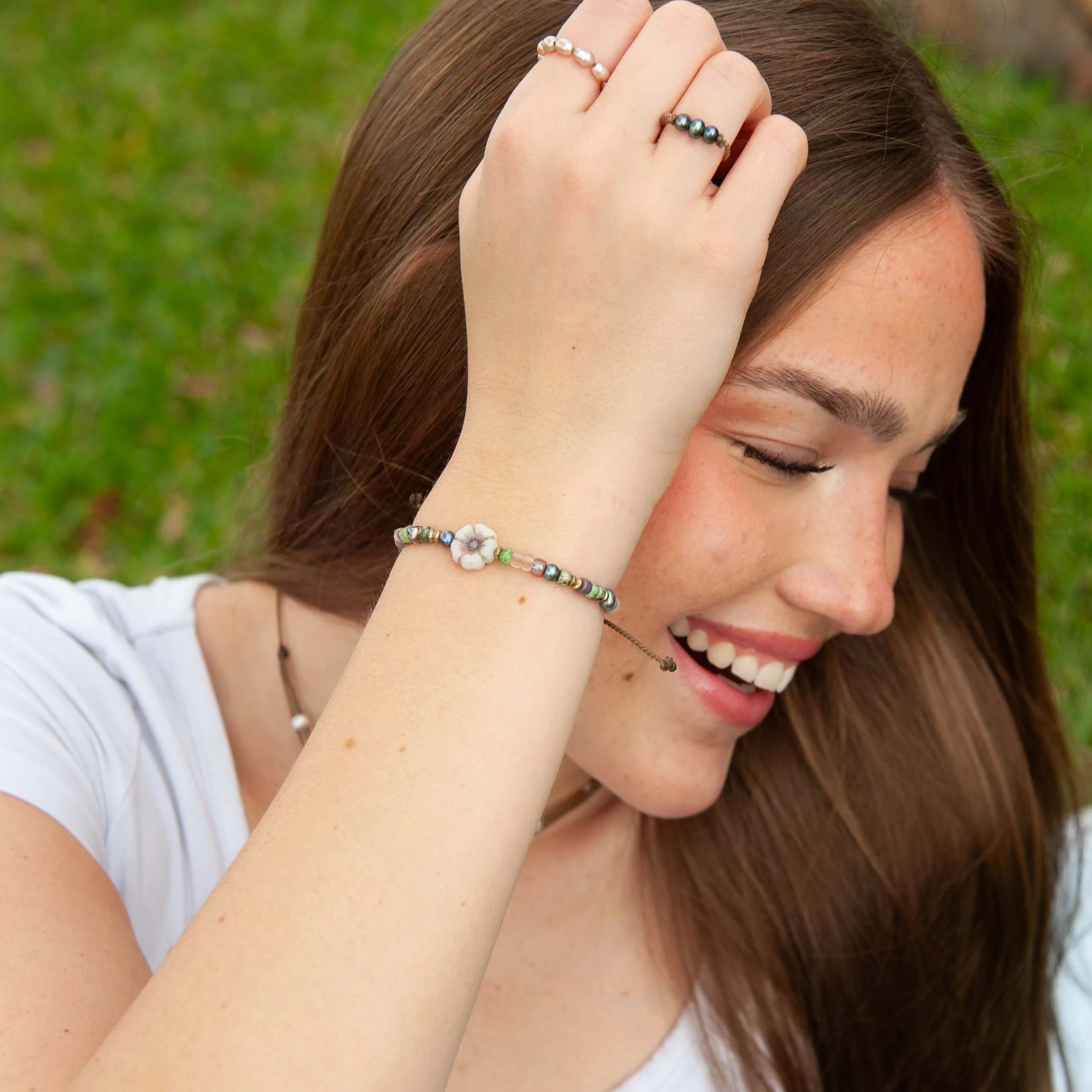 Czech Glass Hibiscus Flower Bracelet | Waterproof Rope Bracelet