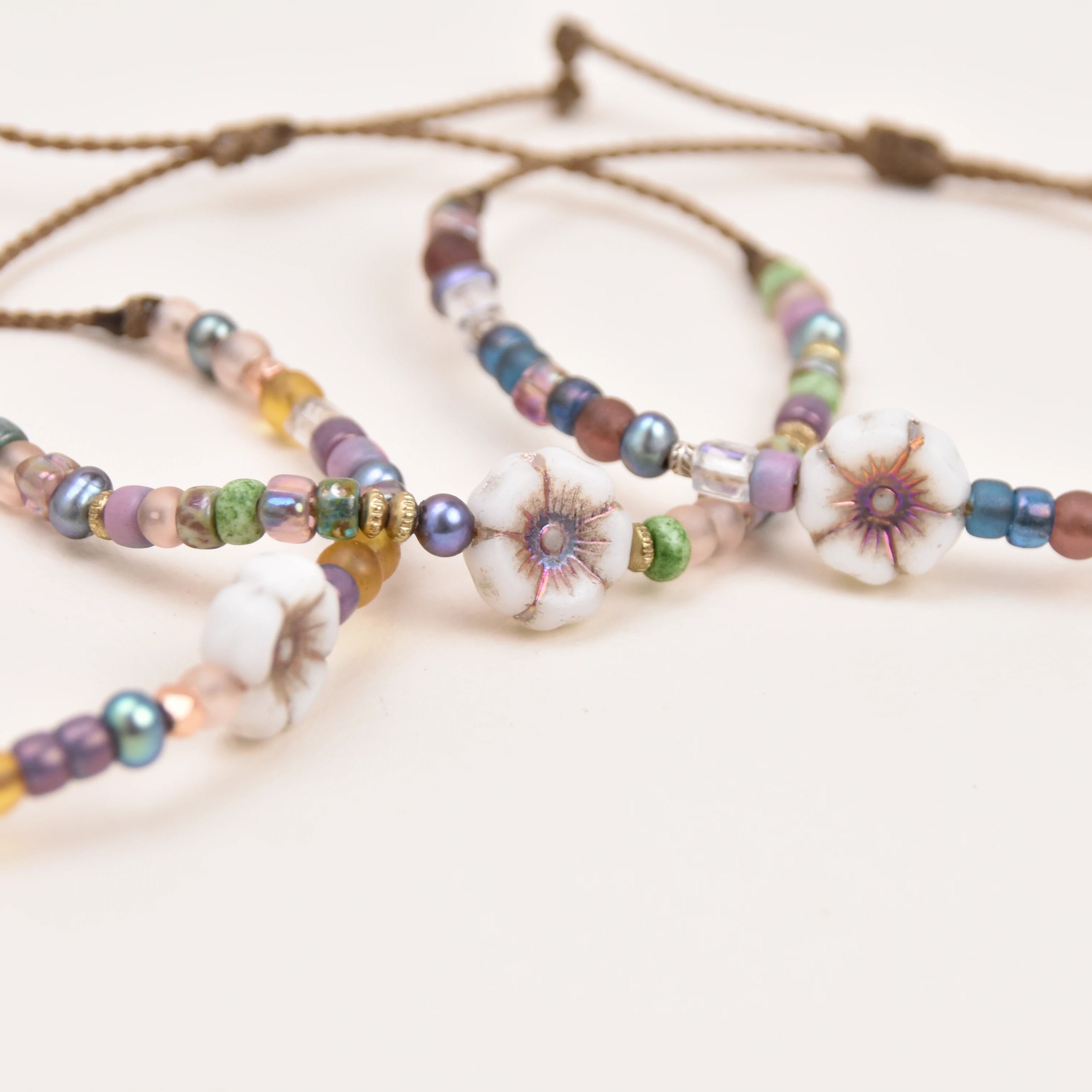 Czech Glass Hibiscus Flower Bracelet | Waterproof Rope Bracelet