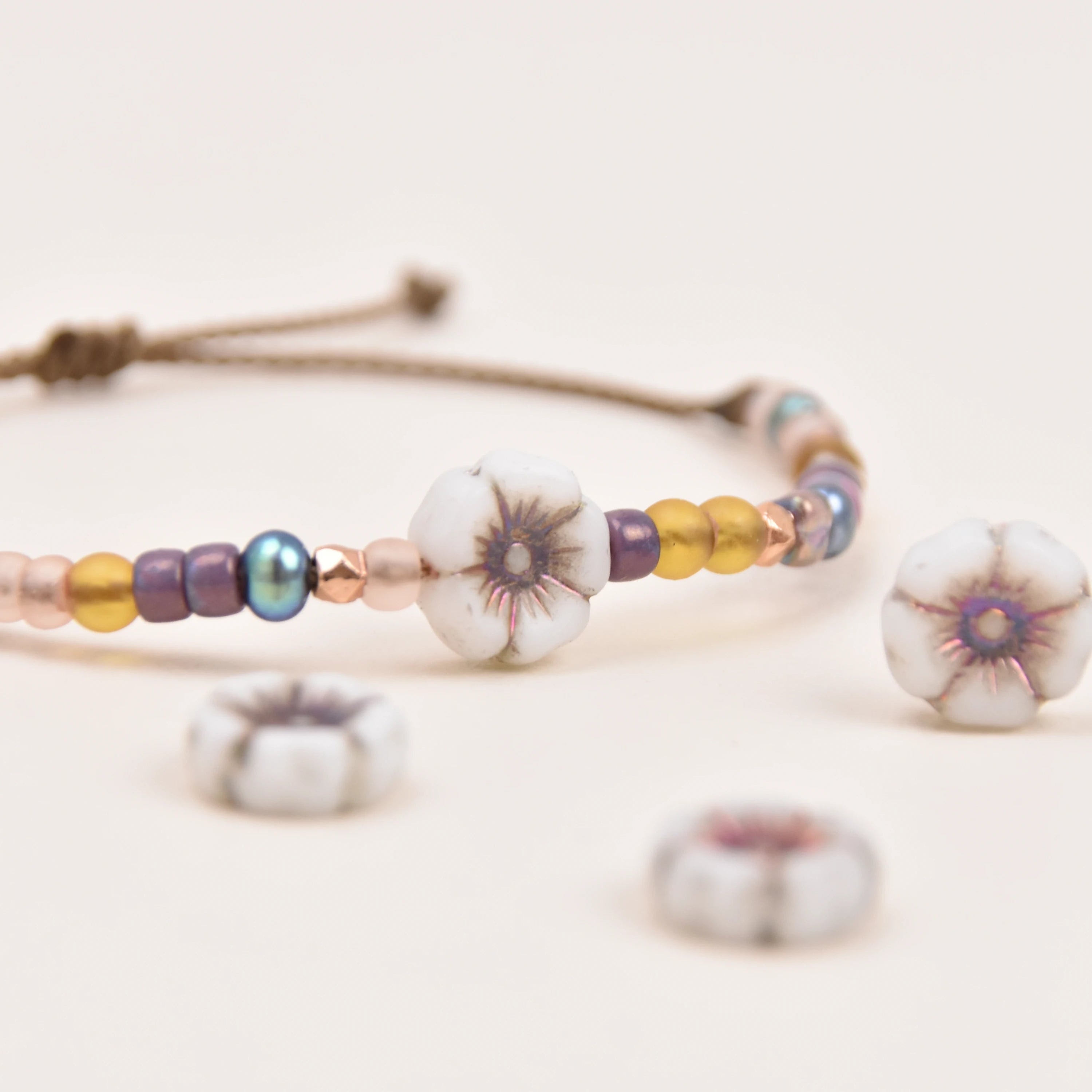 Czech Glass Hibiscus Flower Bracelet | Waterproof Rope Bracelet