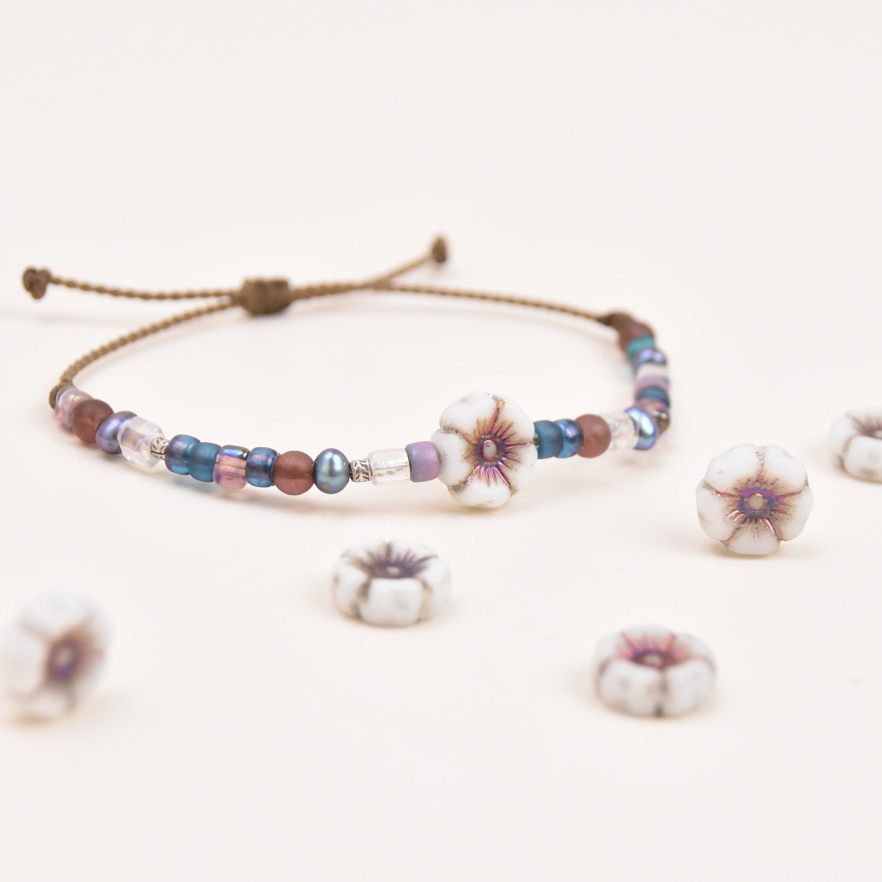 Czech Glass Hibiscus Flower Bracelet | Waterproof Rope Bracelet