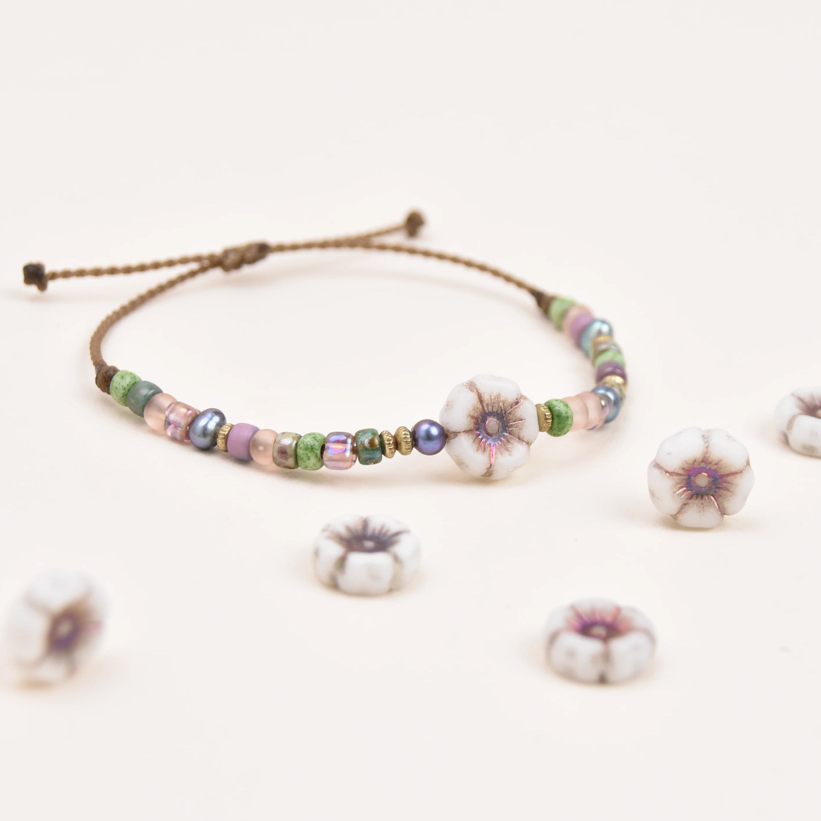 Czech Glass Hibiscus Flower Bracelet | Waterproof Rope Bracelet