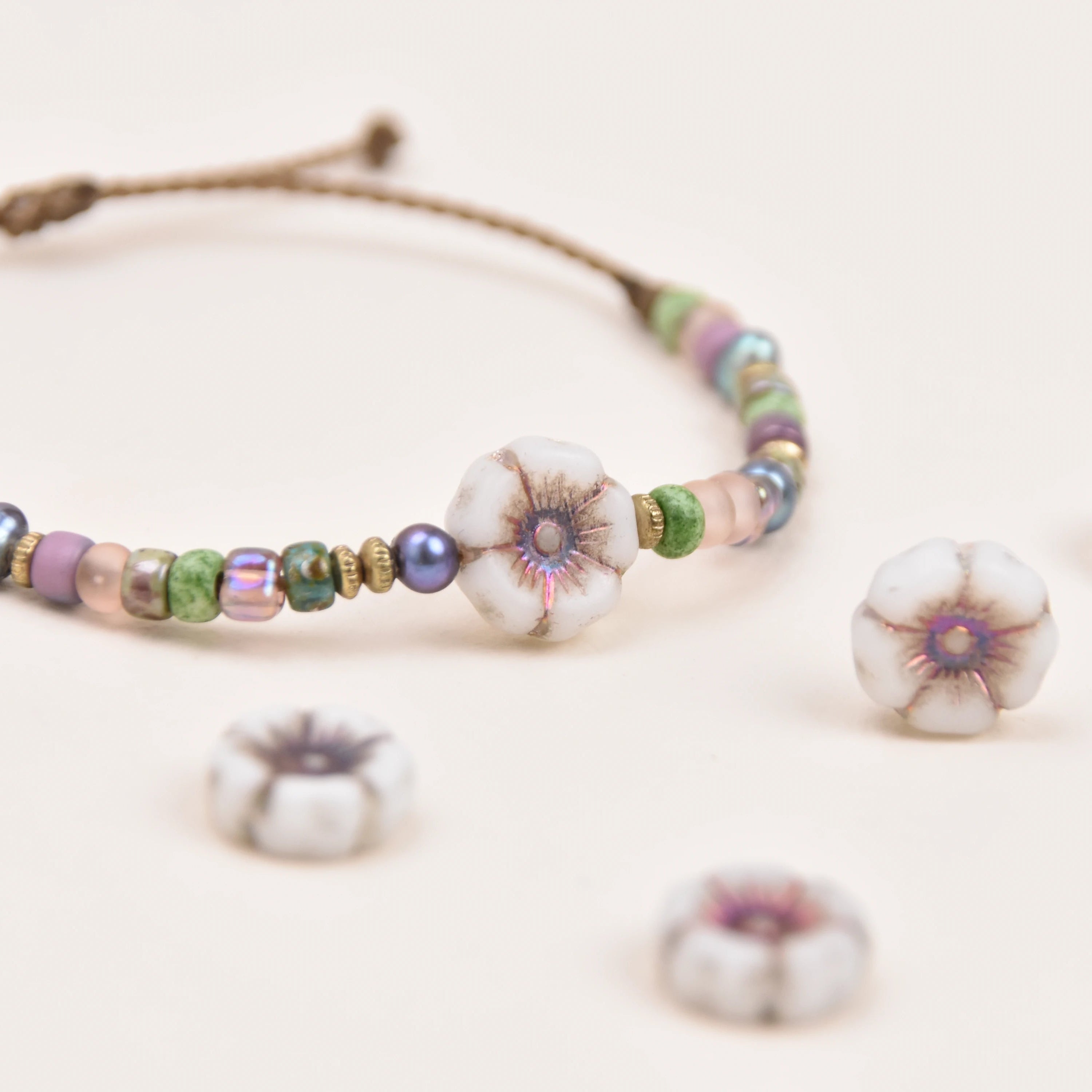 Czech Glass Hibiscus Flower Bracelet | Waterproof Rope Bracelet