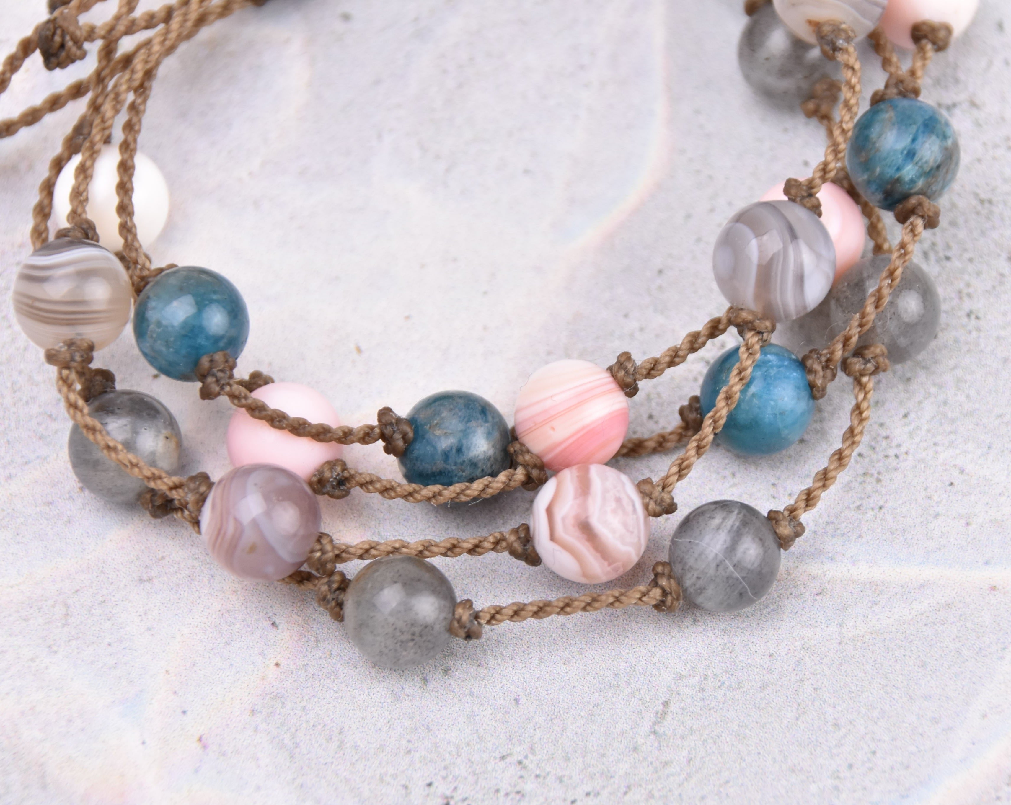 Botswana Agate, Labradorite, Apatite + Conch Shell Bracelets