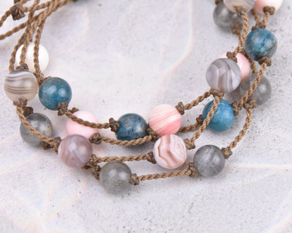 Botswana Agate, Labradorite, Apatite + Conch Shell Bracelets
