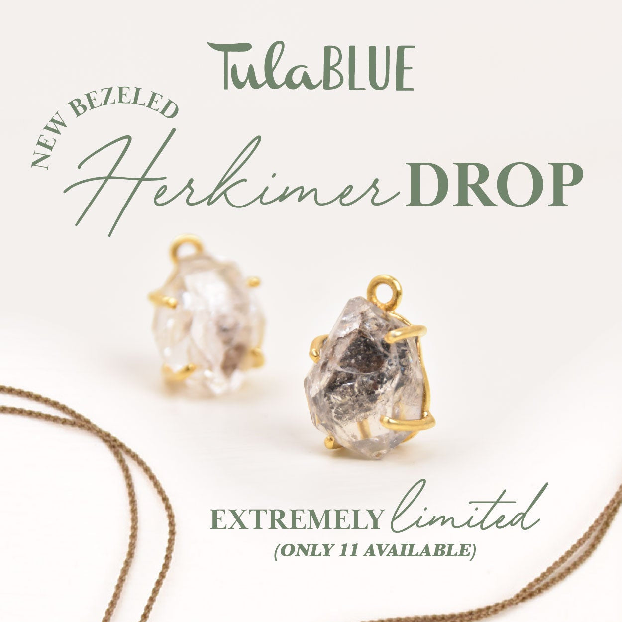 Close-up of two bezeled Herkimer Diamond pendants, showing the natural double-terminated crystal and handcrafted bezel setting. 