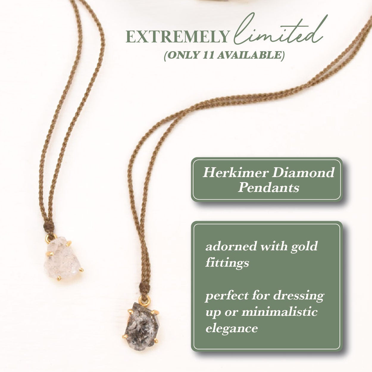 Close-up of two Herkimer Diamond necklace options displayed together on rope, showing the difference between the clear and smoky bezel-set, double-terminated crystals.