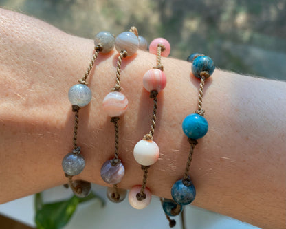 Botswana Agate, Labradorite, Apatite + Conch Shell Bracelets