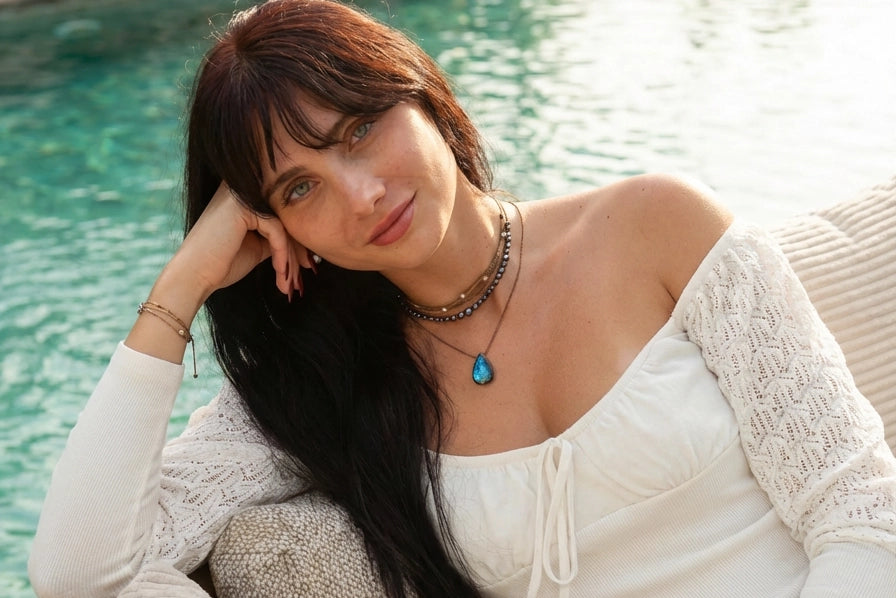 Tula Blue stacked rope and pearl jewelry worn in everyday life.