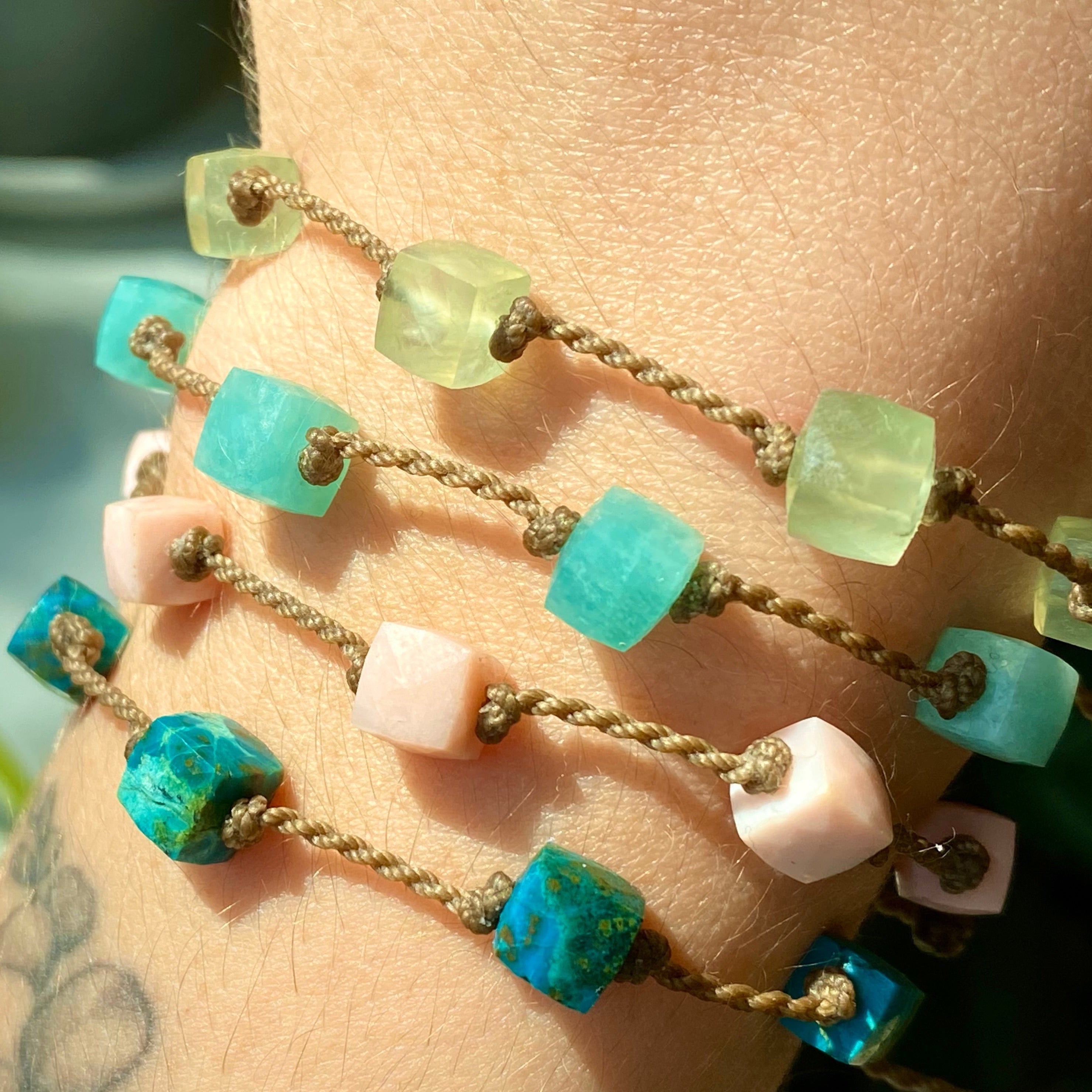 Amazonite, Prehnite, Chrysocolla & Pink Opal Cube Bracelets