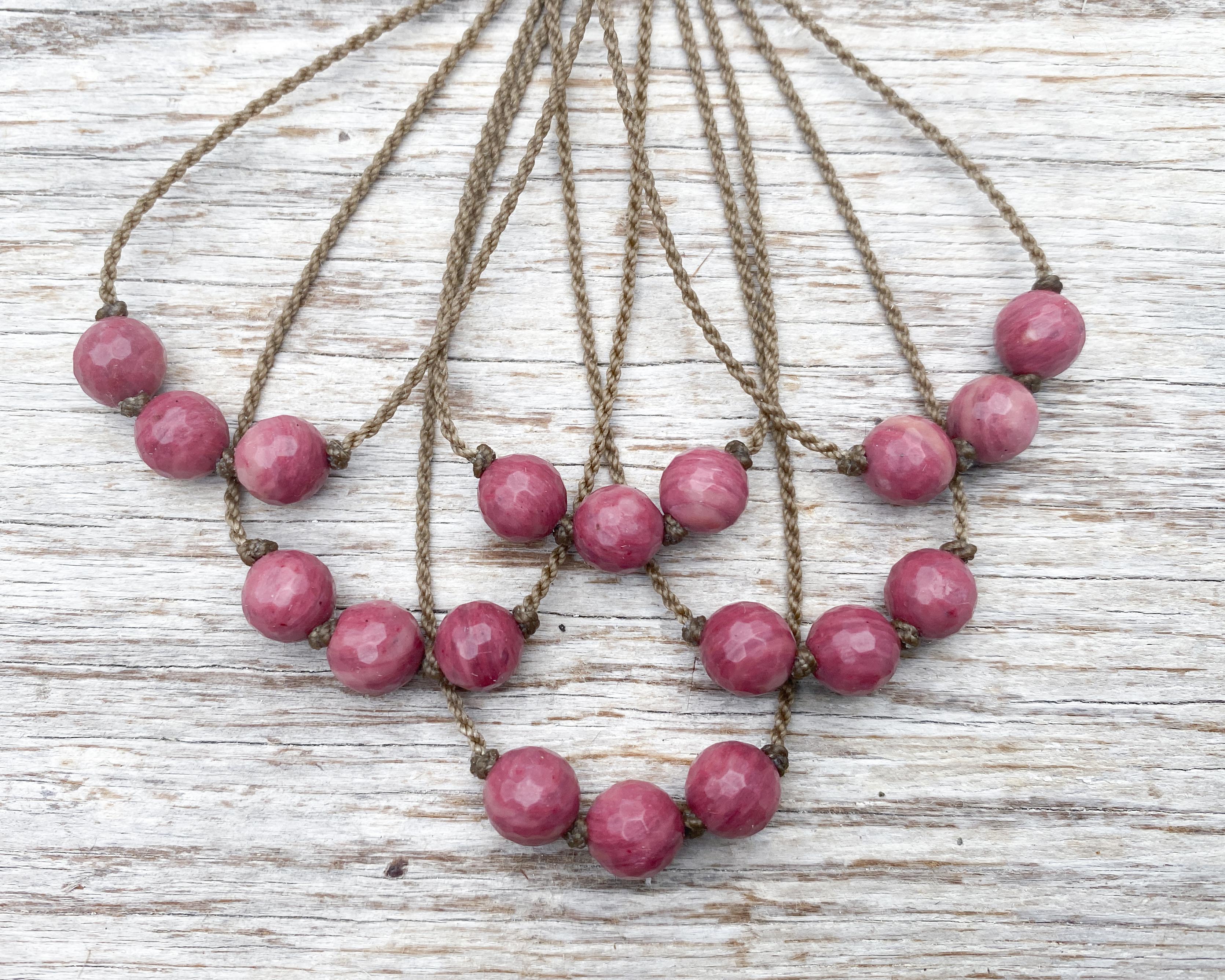 Triple Knotted Necklace-0470-Rose Rhodonite Faceted Round Medium
