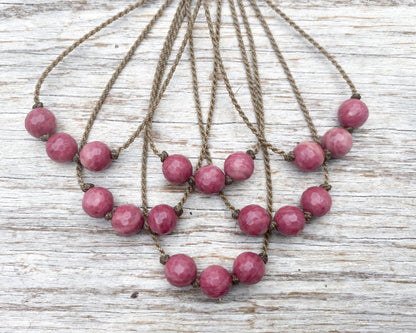 Triple Knotted Necklace-0470-Rose Rhodonite Faceted Round Medium