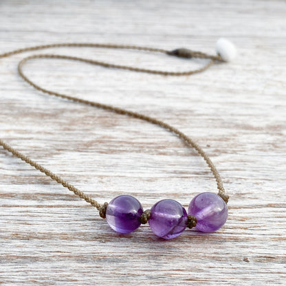 Triple Knotted Necklace-1636-Amethyst Round Medium