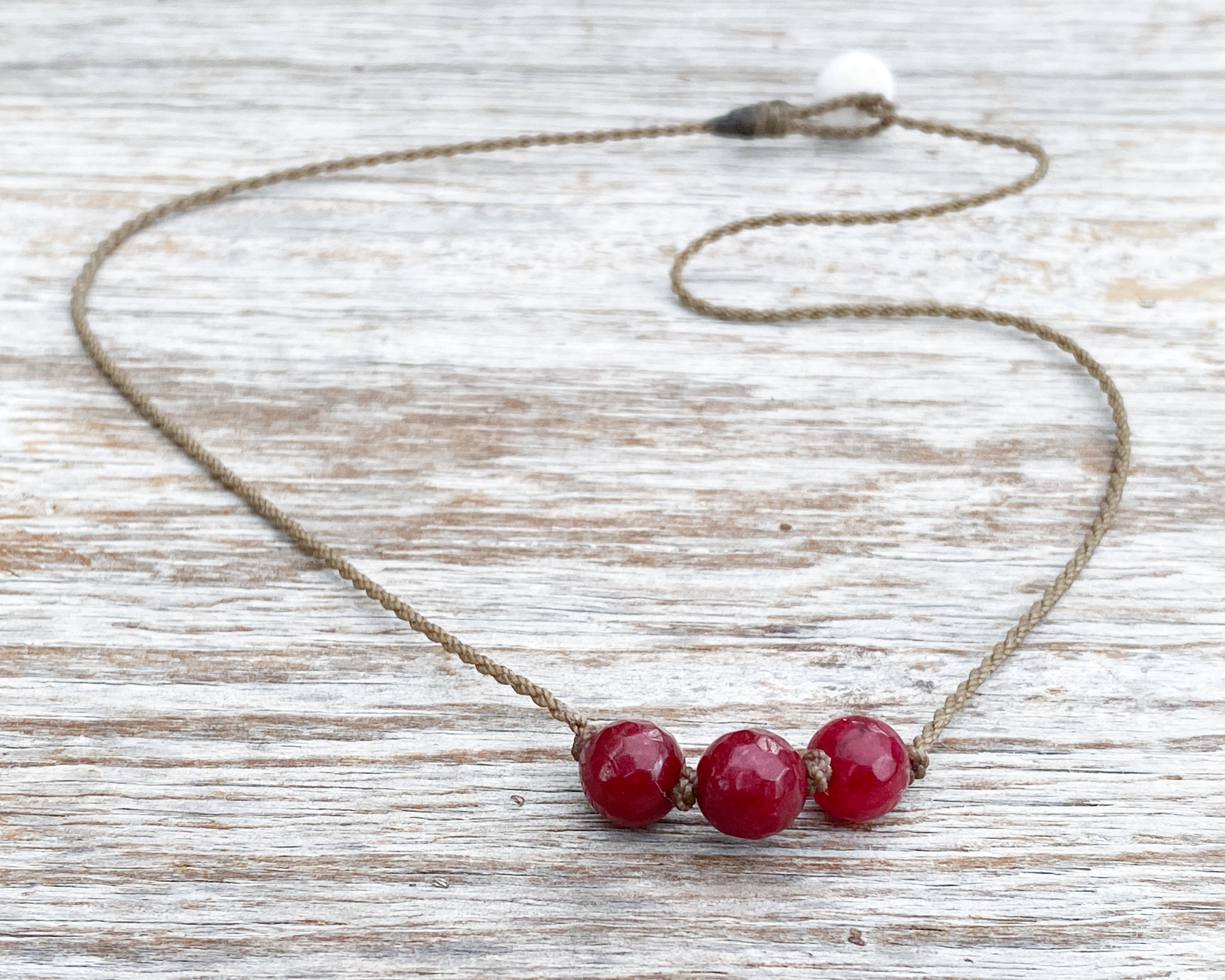 Triple Knotted Necklace-0536-Ruby Jade Round Medium