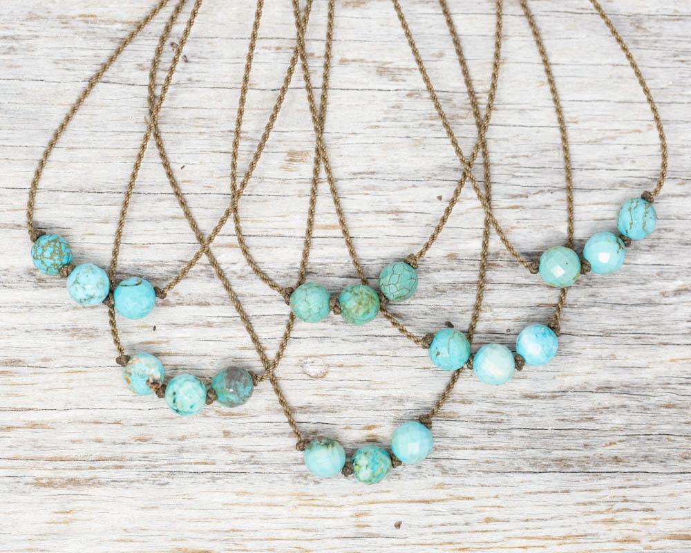 Triple Knotted Necklace-1116-Turquoise Howlite Faceted Round Medium