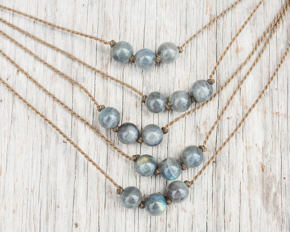 Triple Knotted Necklace-1777-Labradorite Round Medium