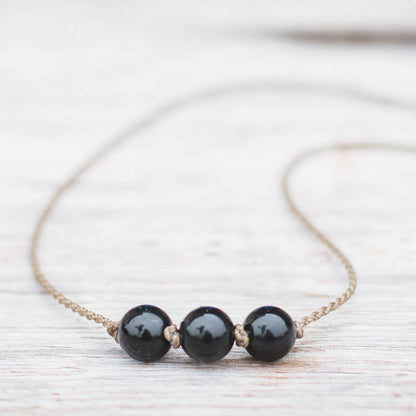 Triple Knotted Necklace-1759-Black Onyx Round Medium